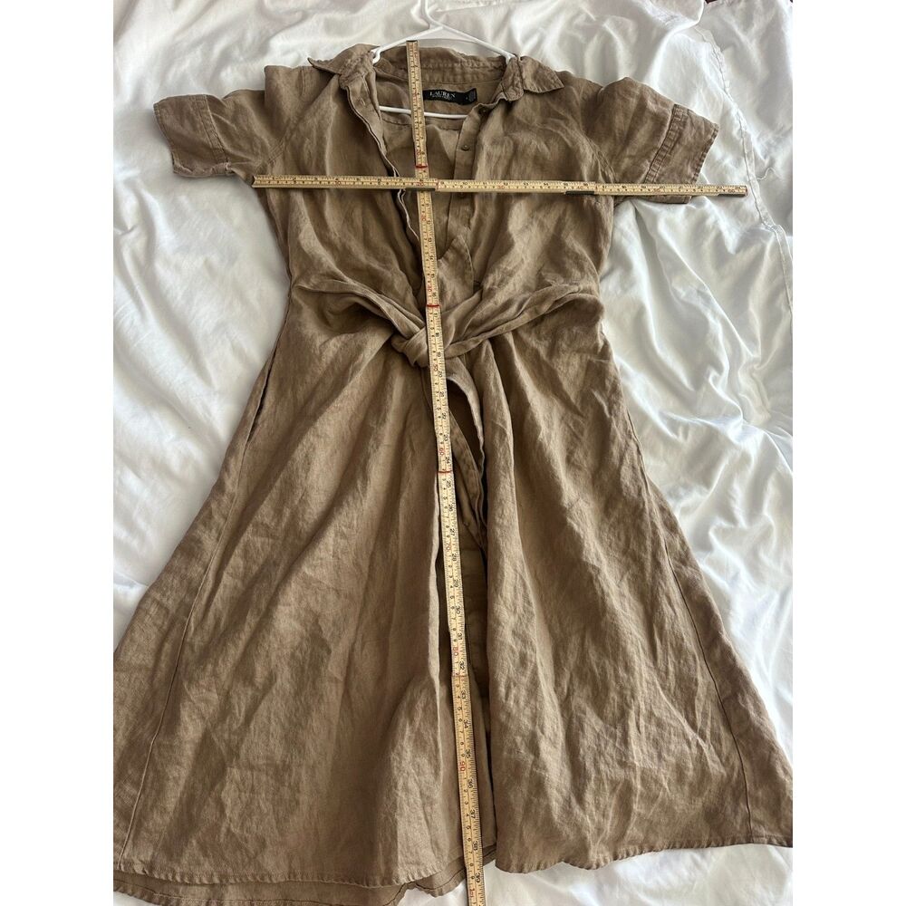 Lauren Ralph Lauren Black Label 100% Linen Shirt Dress Size 4 Tan Tie Waist - Picture 5 of 6